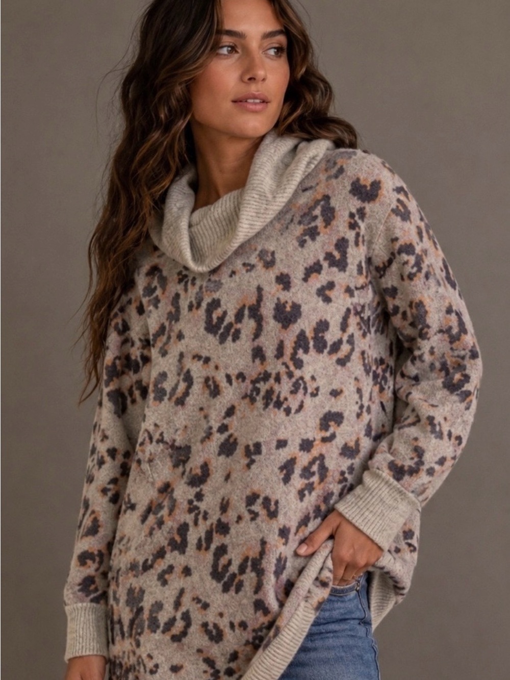 Anthropologie Taupe Leopard-Print Cowl Neck Sweater